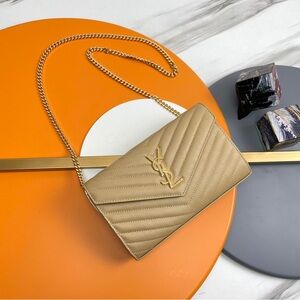 Beige Saint Laurent Cassandre Envelope Flap Wallet on Chain